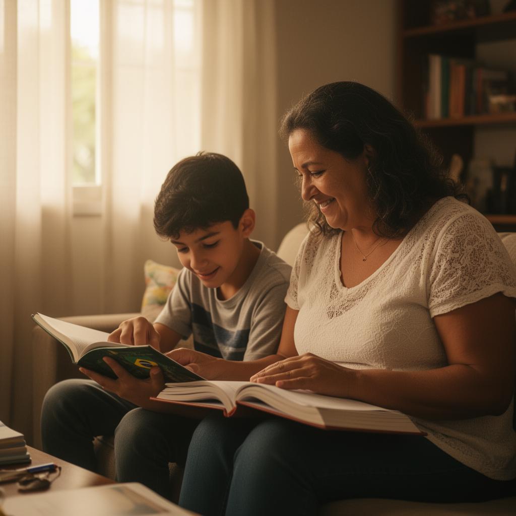 Filho ajudando a mãe a estudar em casa